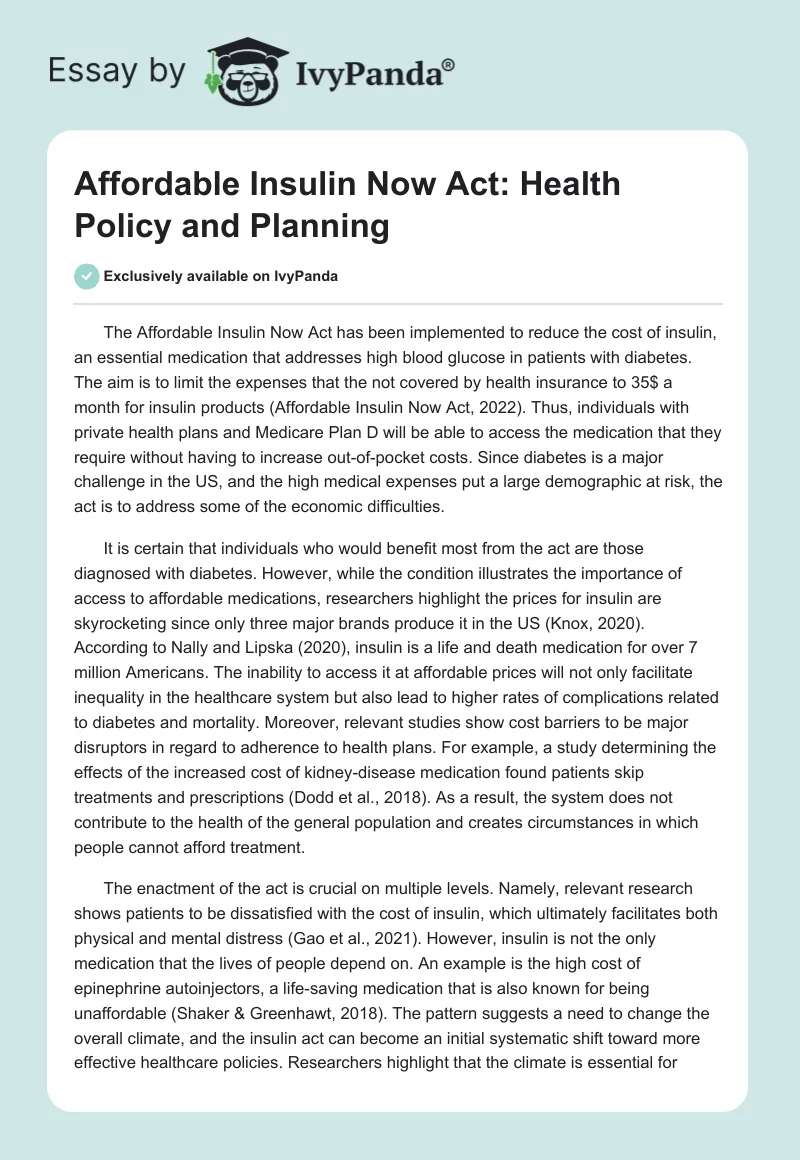 Affordable Insulin Now Act: Health Policy and Planning. Page 1