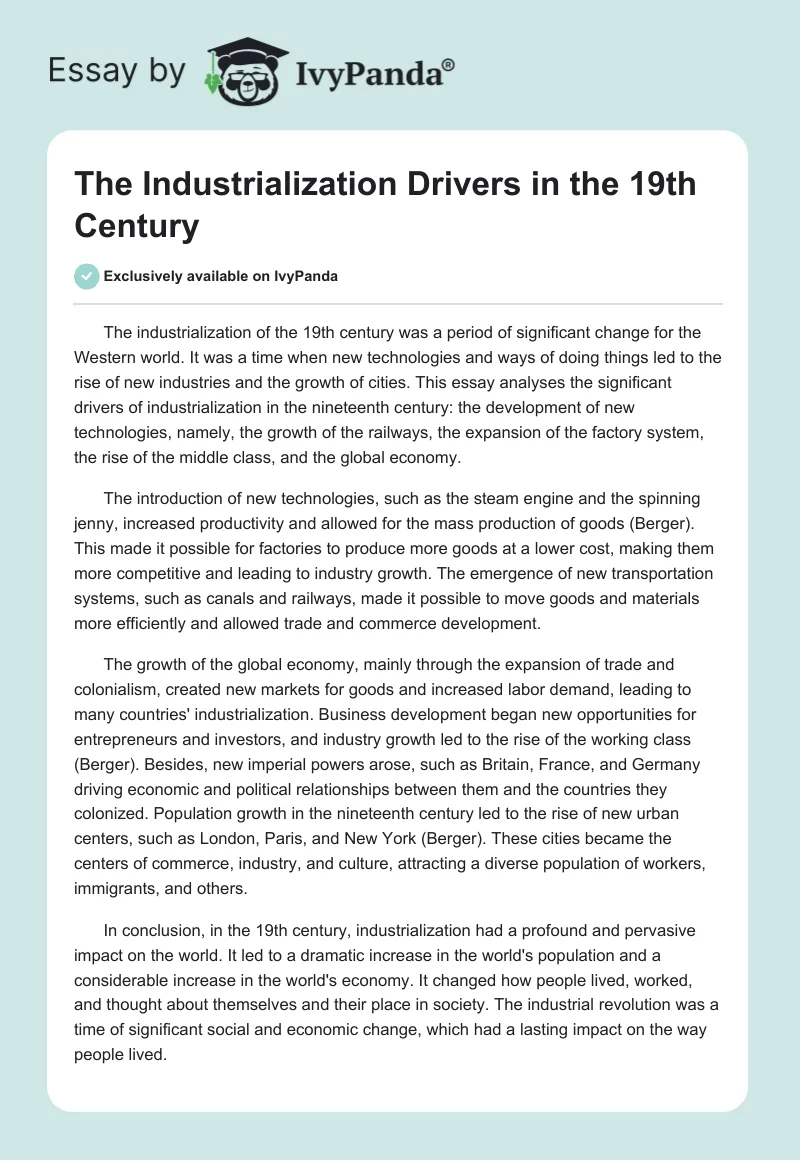 The Industrialization Drivers in the 19th Century. Page 1