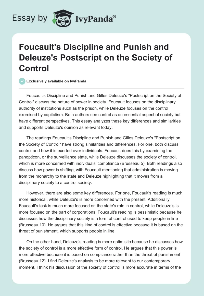 Foucault's Discipline and Punish and Deleuze's Postscript on the Society of Control. Page 1