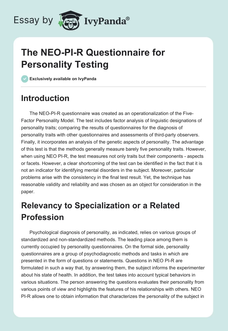 The NEO-PI-R Questionnaire for Personality Testing. Page 1