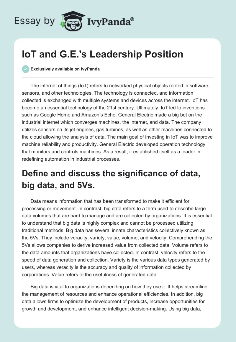 IoT and G.E.'s Leadership Position. Page 1