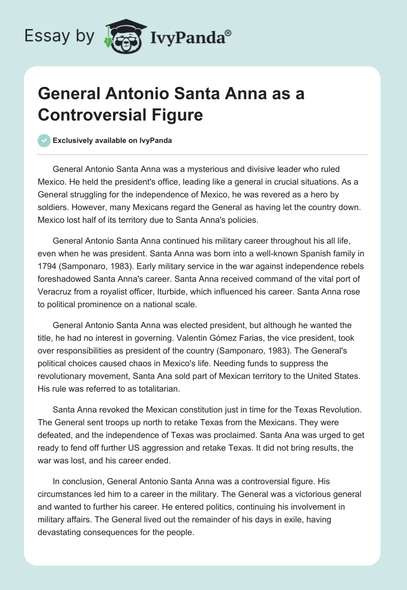 General Antonio Santa Anna as a Controversial Figure. Page 1