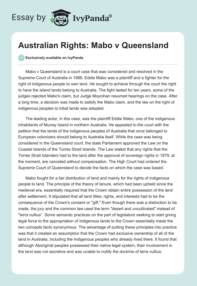 Australian Rights: Mabo v Queensland. Page 1