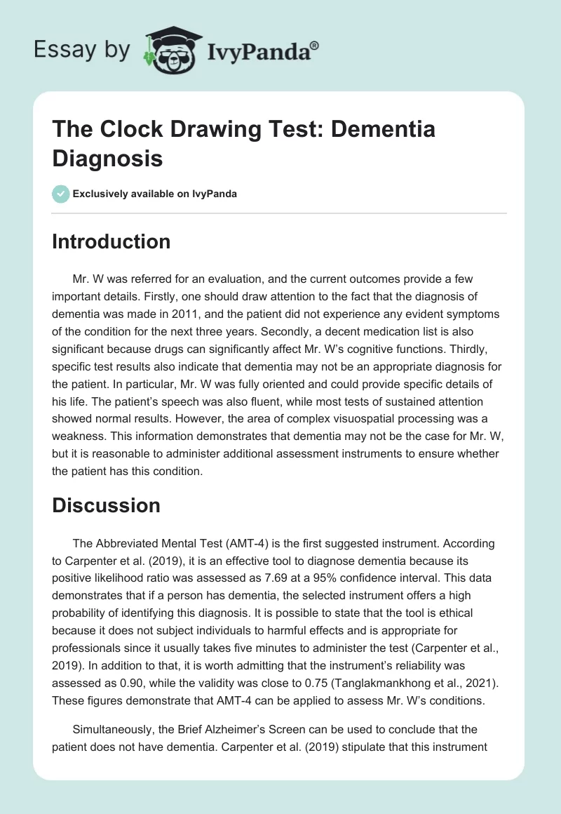 The Clock Drawing Test: Dementia Diagnosis. Page 1