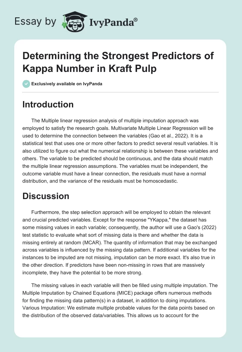 Determining the Strongest Predictors of Kappa Number in Kraft Pulp. Page 1