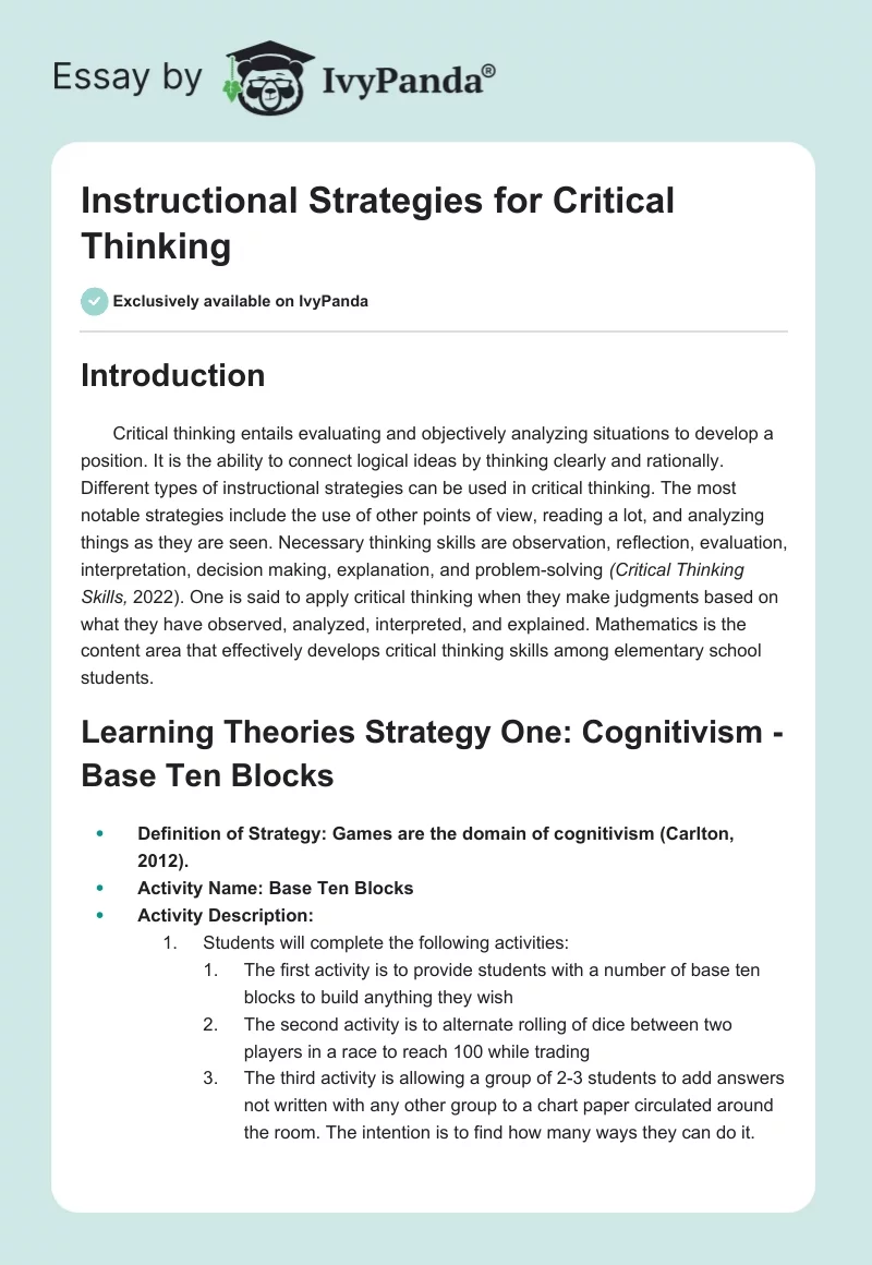 Instructional Strategies for Critical Thinking. Page 1