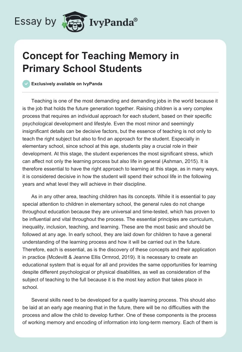 Concept for Teaching Memory in Primary School Students. Page 1