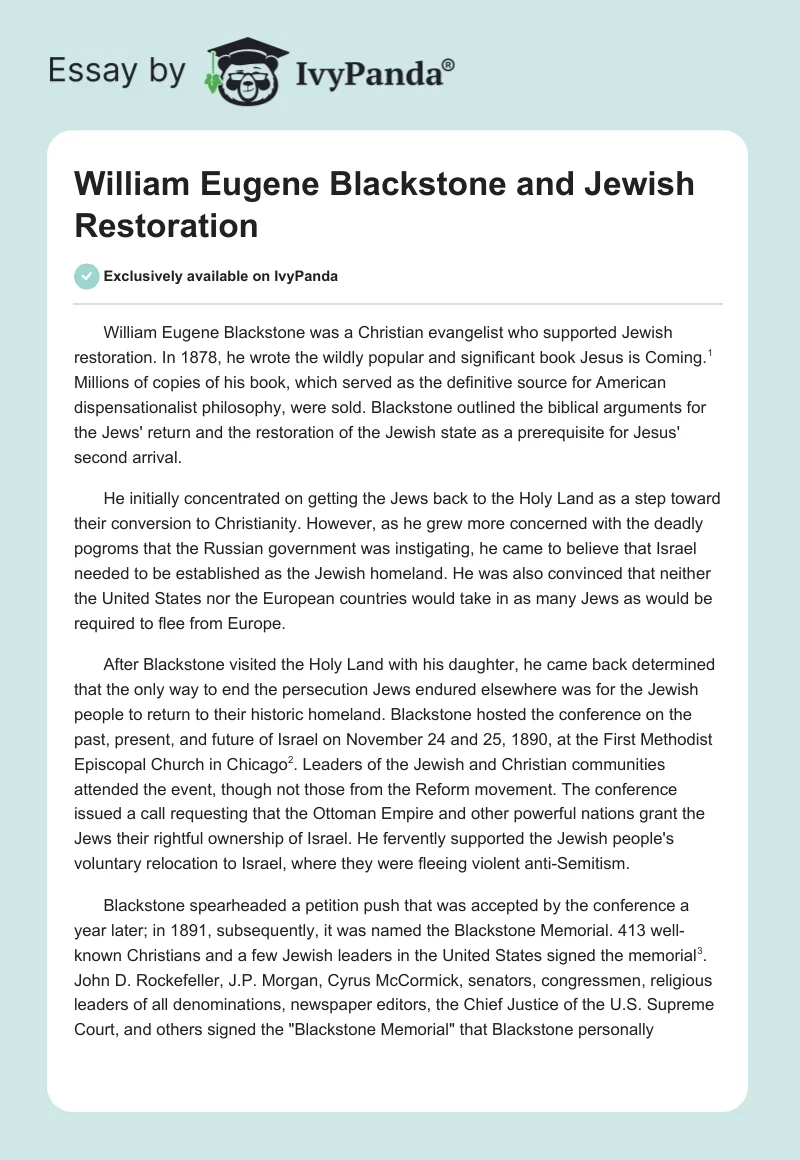 William Eugene Blackstone and Jewish Restoration. Page 1