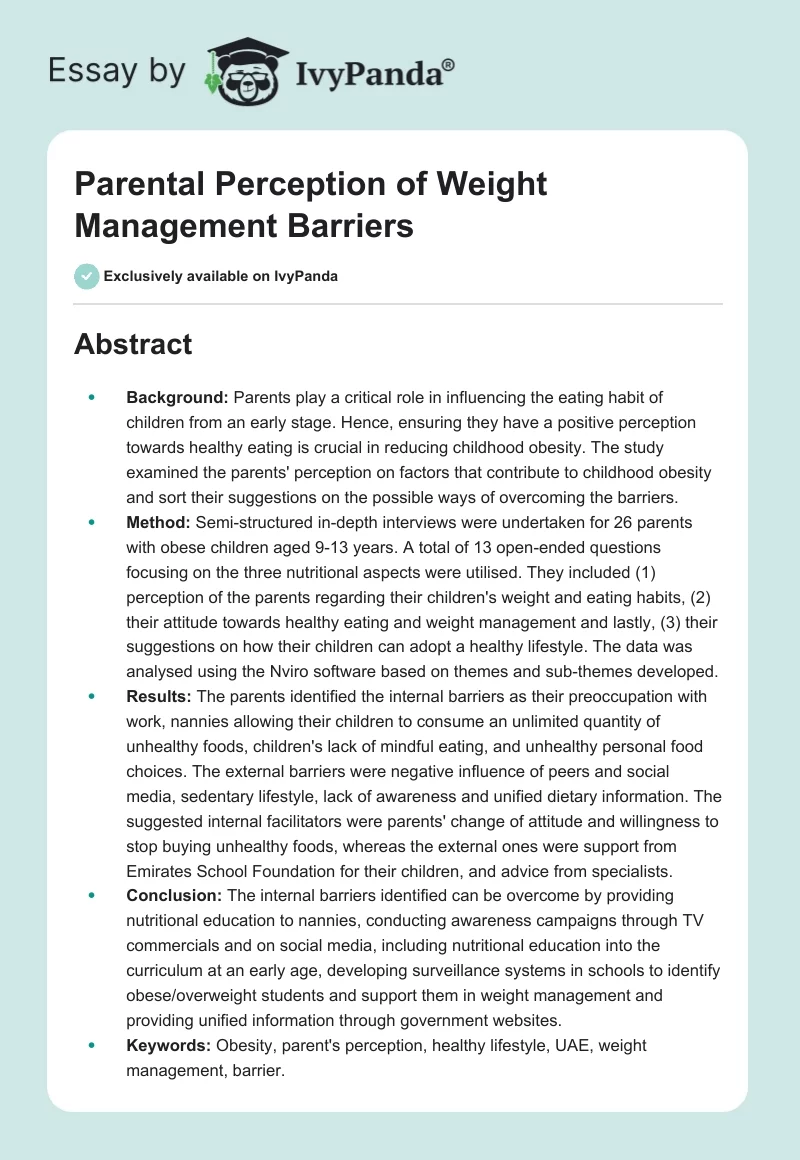 Parental Perception of Weight Management Barriers. Page 1