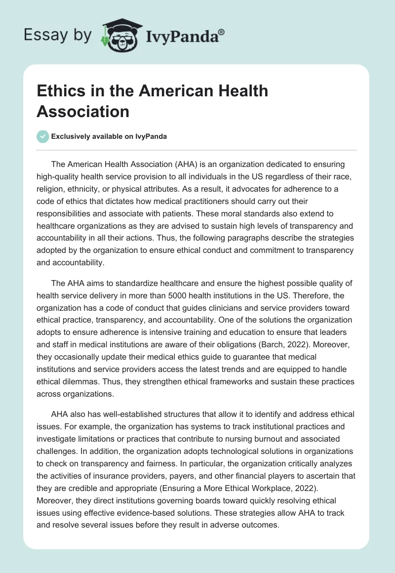 Ethics in the American Health Association. Page 1