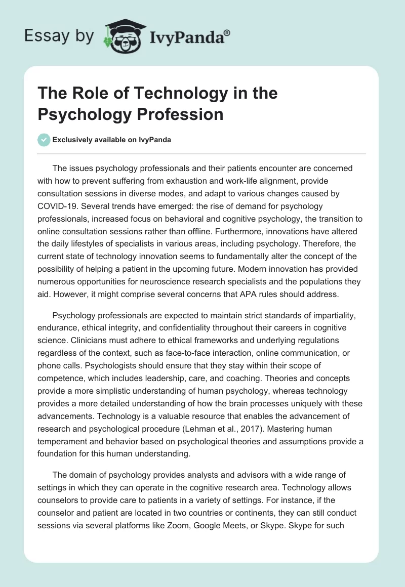 Role of Technology in Psychology Profession - 415 Words | Essay Example