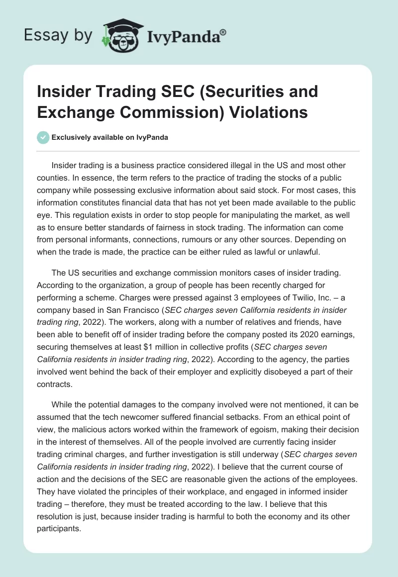 Insider Trading SEC (Securities and Exchange Commission) Violations. Page 1