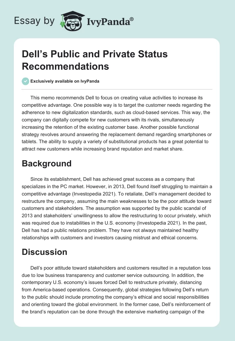 Dell’s Public and Private Status Recommendations. Page 1