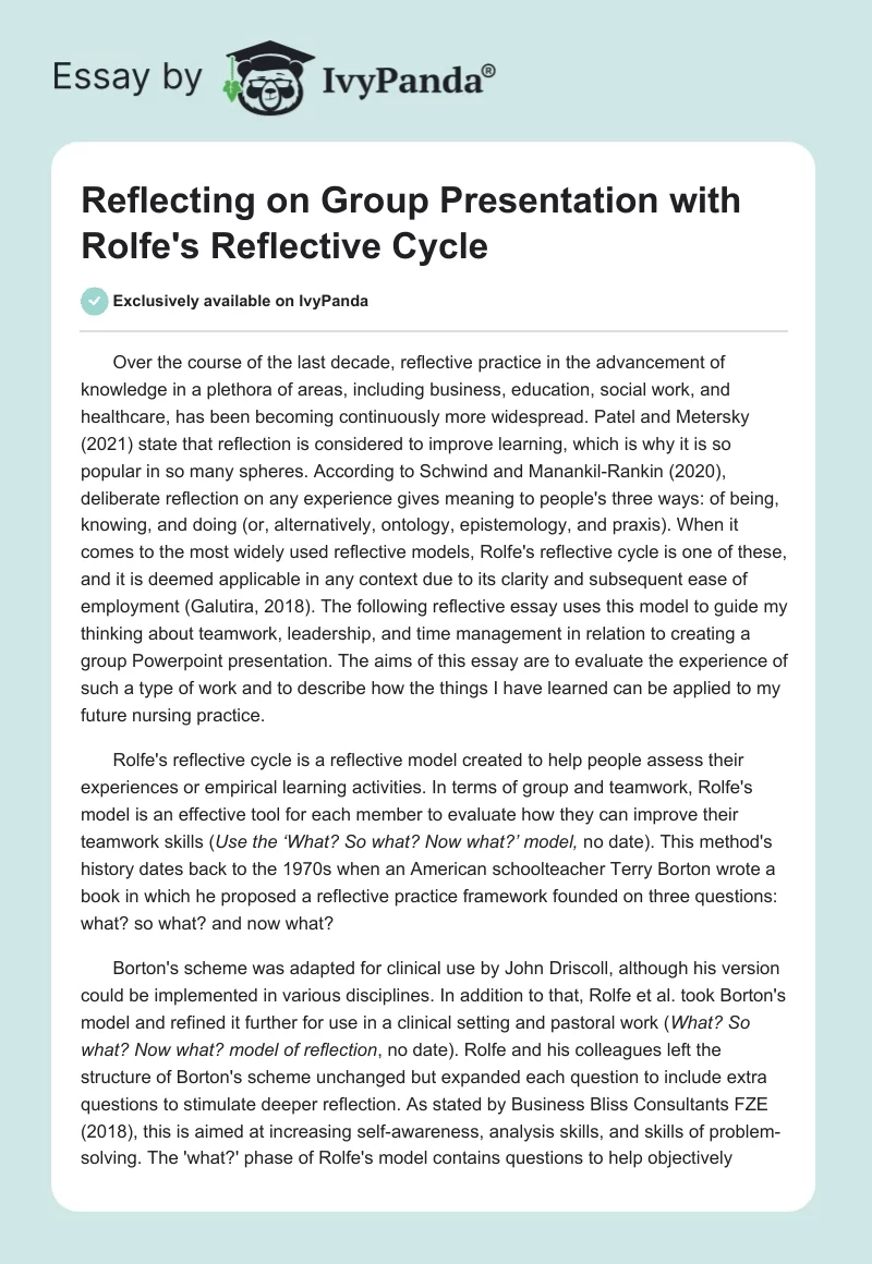 Reflecting on Group Presentation with Rolfe's Reflective Cycle. Page 1