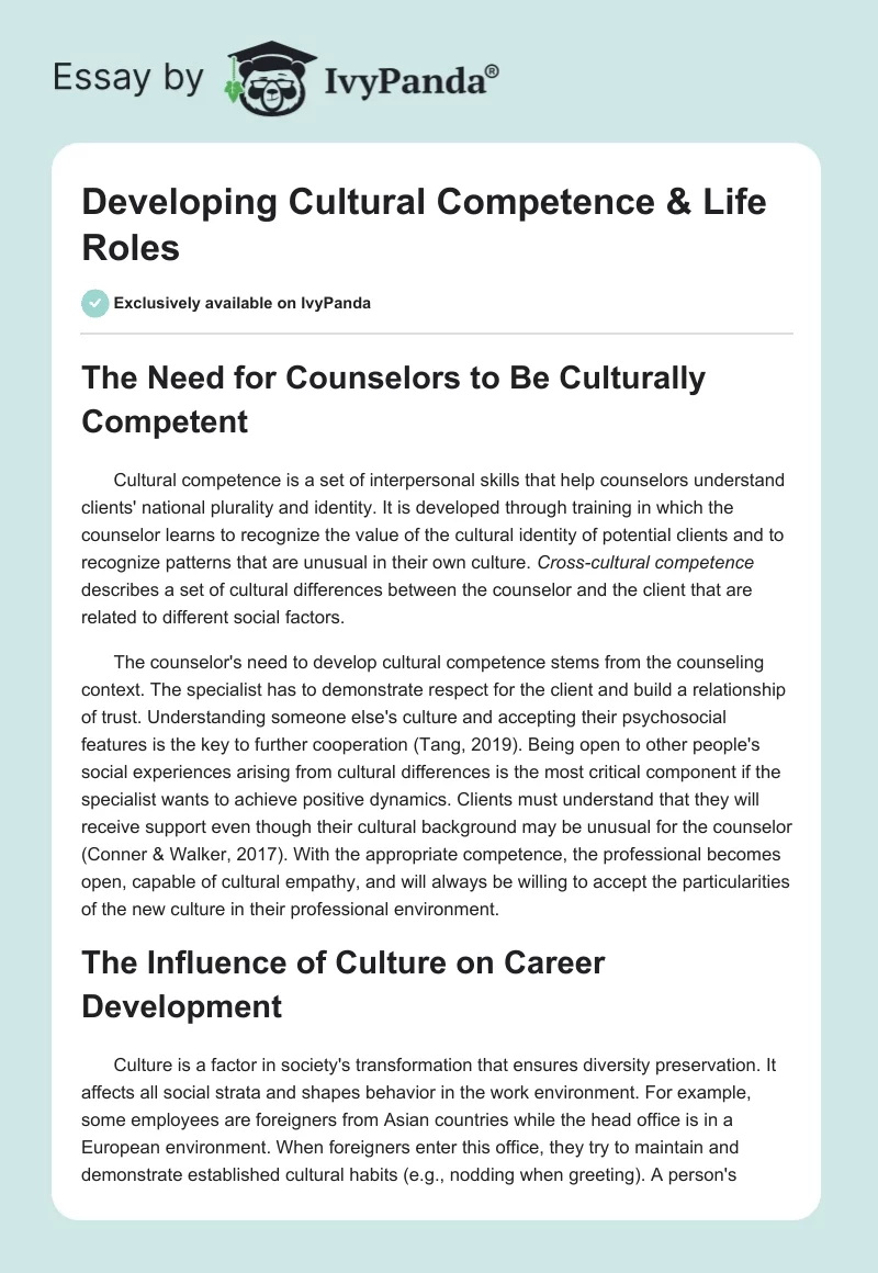Developing Cultural Competence & Life Roles. Page 1
