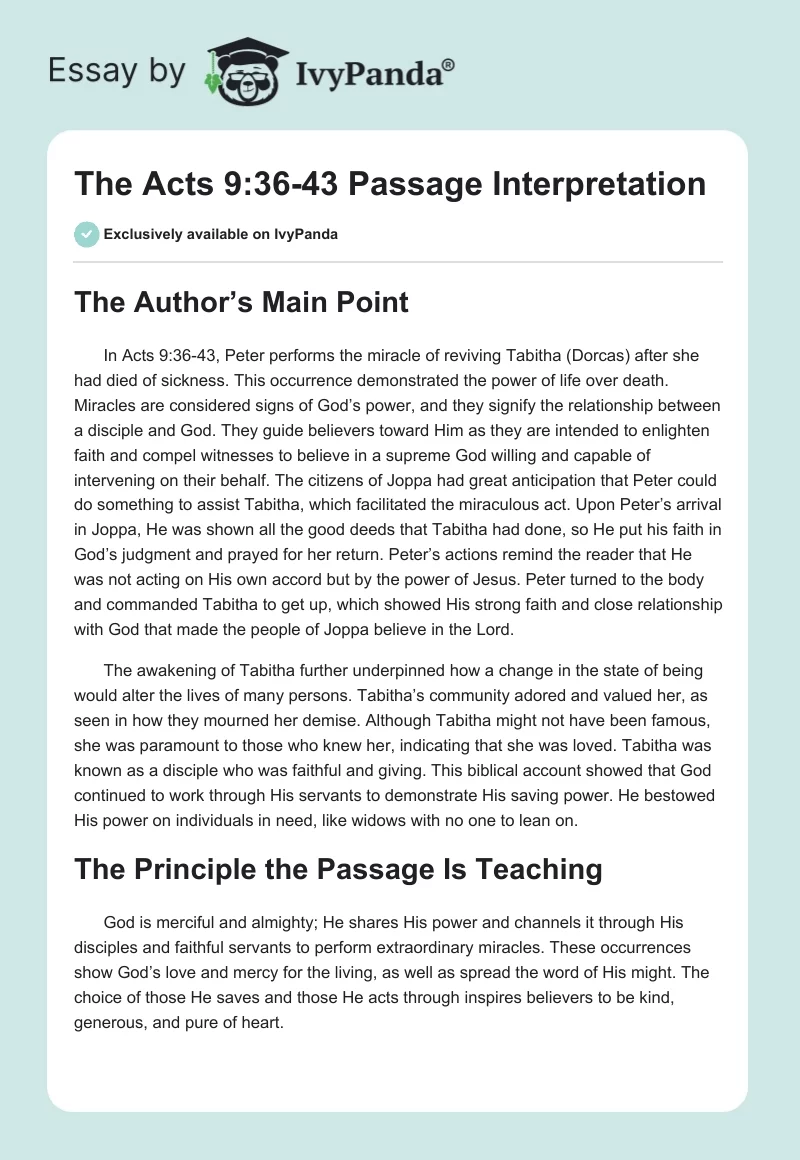 The Acts 9:36-43 Passage Interpretation. Page 1