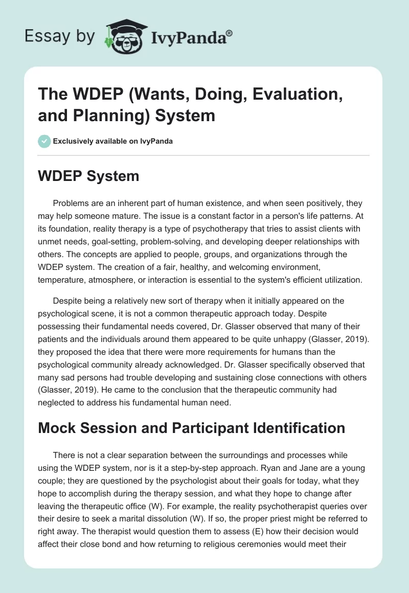 The WDEP (Wants, Doing, Evaluation, and Planning) System. Page 1
