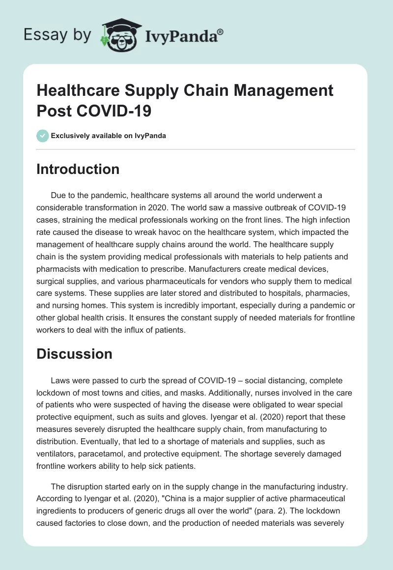 Healthcare Supply Chain Management Post COVID-19. Page 1