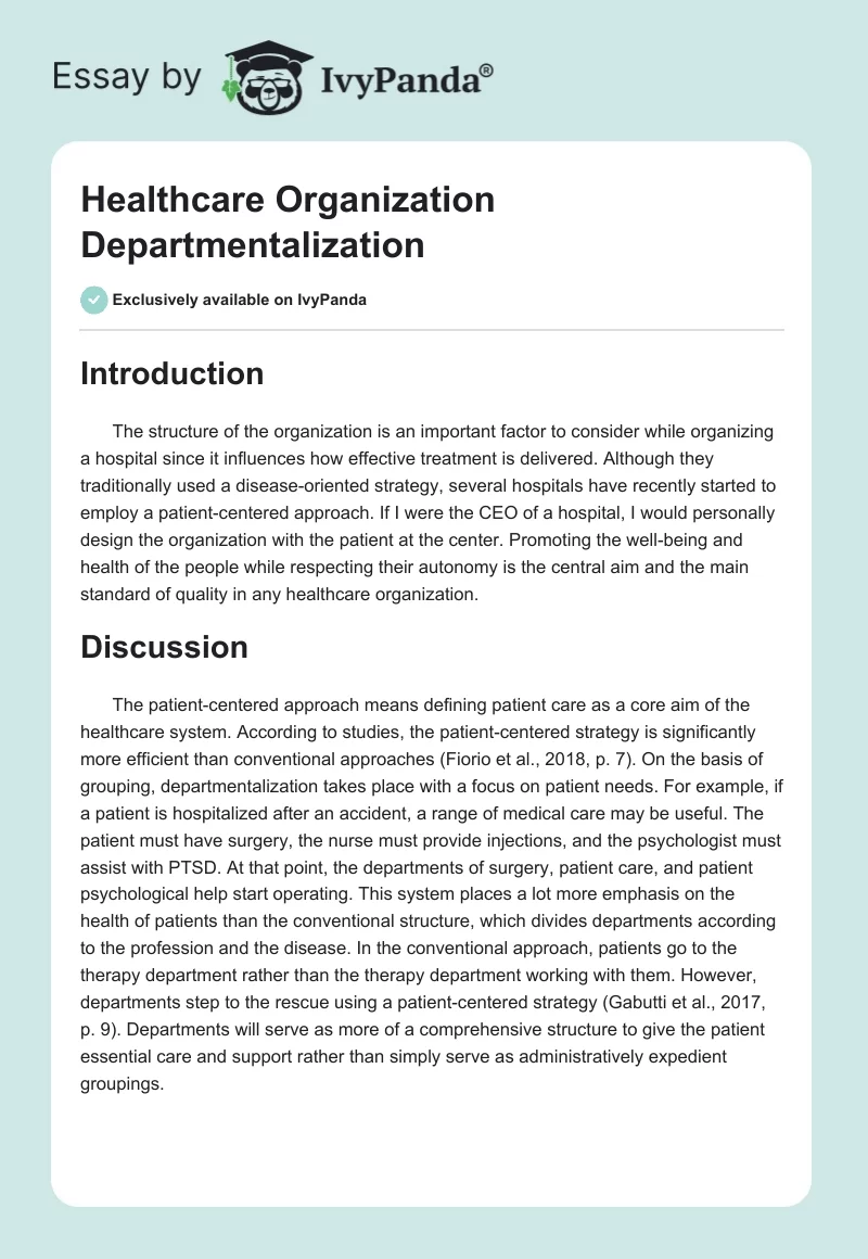 Healthcare Organization Departmentalization. Page 1