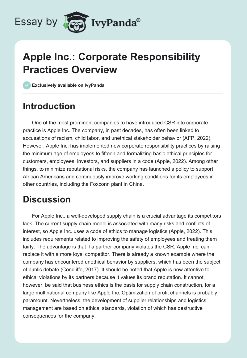 Apple Inc.: Corporate Responsibility Practices Overview. Page 1