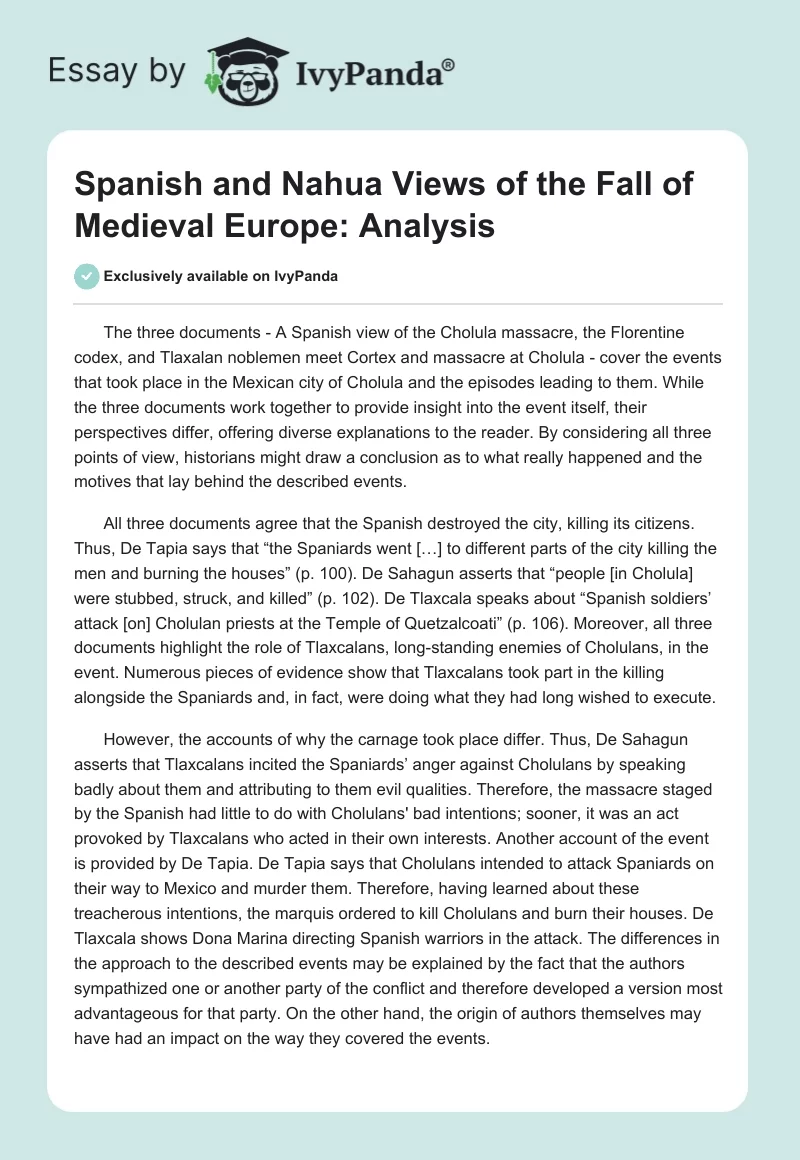 Spanish and Nahua Views of the Fall of Medieval Europe: Analysis. Page 1