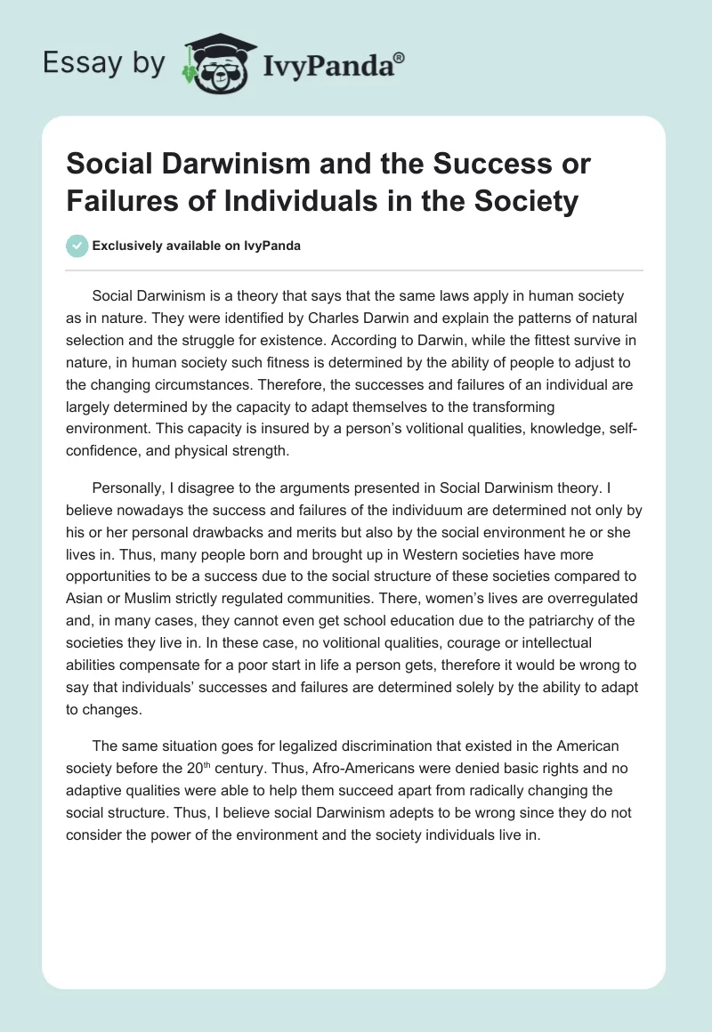 Social Darwinism and the Success or Failures of Individuals in the Society. Page 1