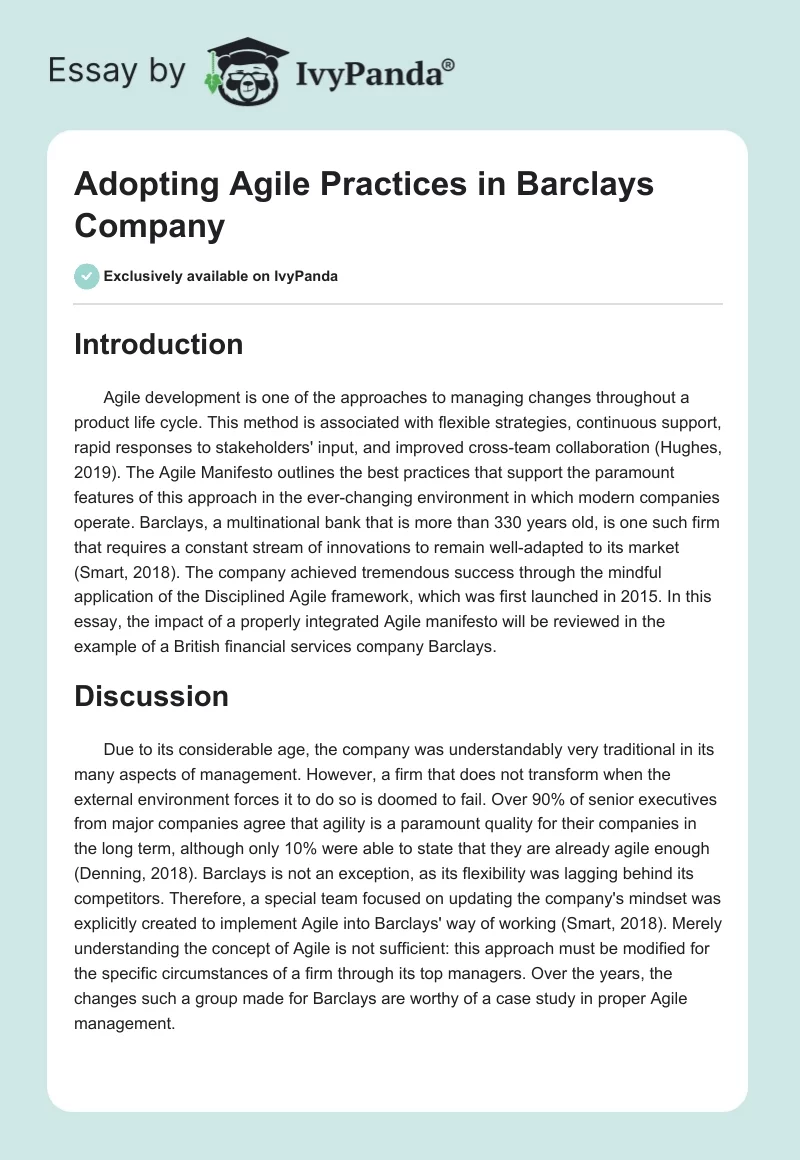 Adopting Agile Practices in Barclays Company - 838 Words | Essay Example
