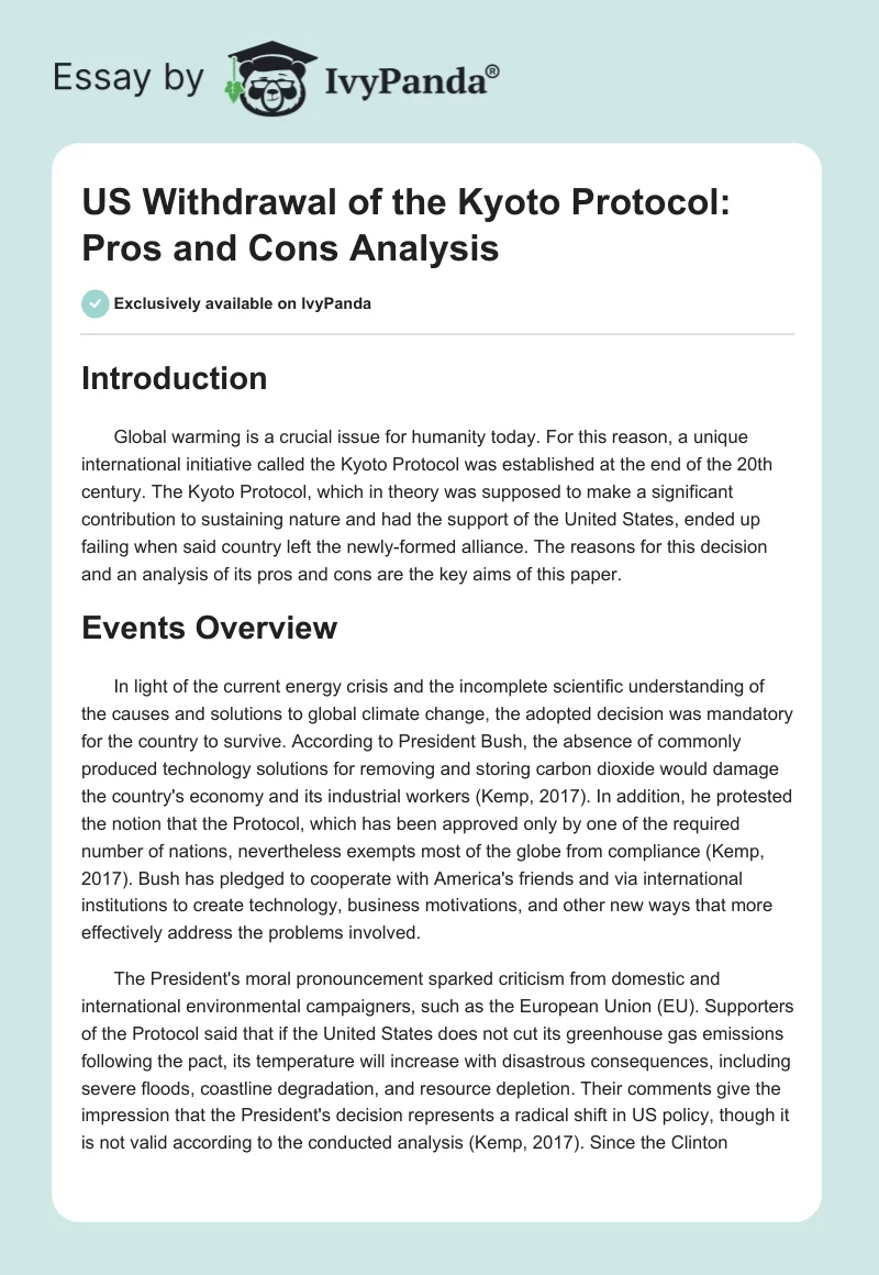 US Withdrawal of the Kyoto Protocol: Pros and Cons Analysis. Page 1