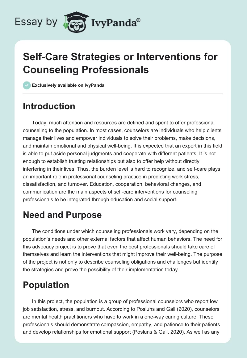Self-Care Strategies or Interventions for Counseling Professionals. Page 1