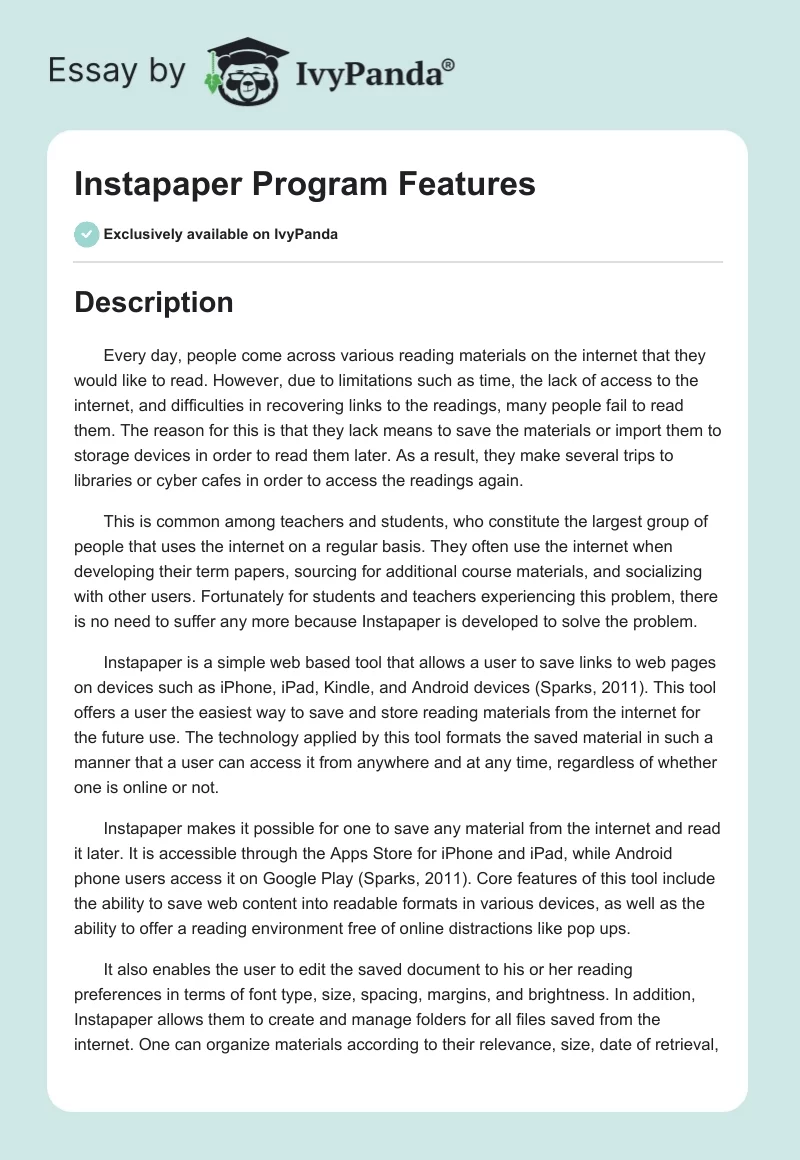 Instapaper Program Features. Page 1