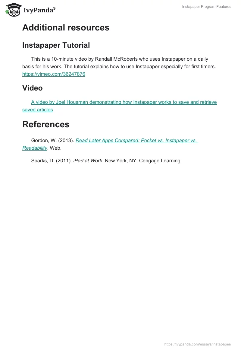 Instapaper Program Features. Page 4