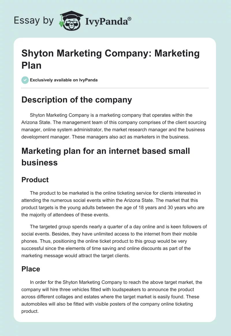 Shyton Marketing Company: Marketing Plan. Page 1