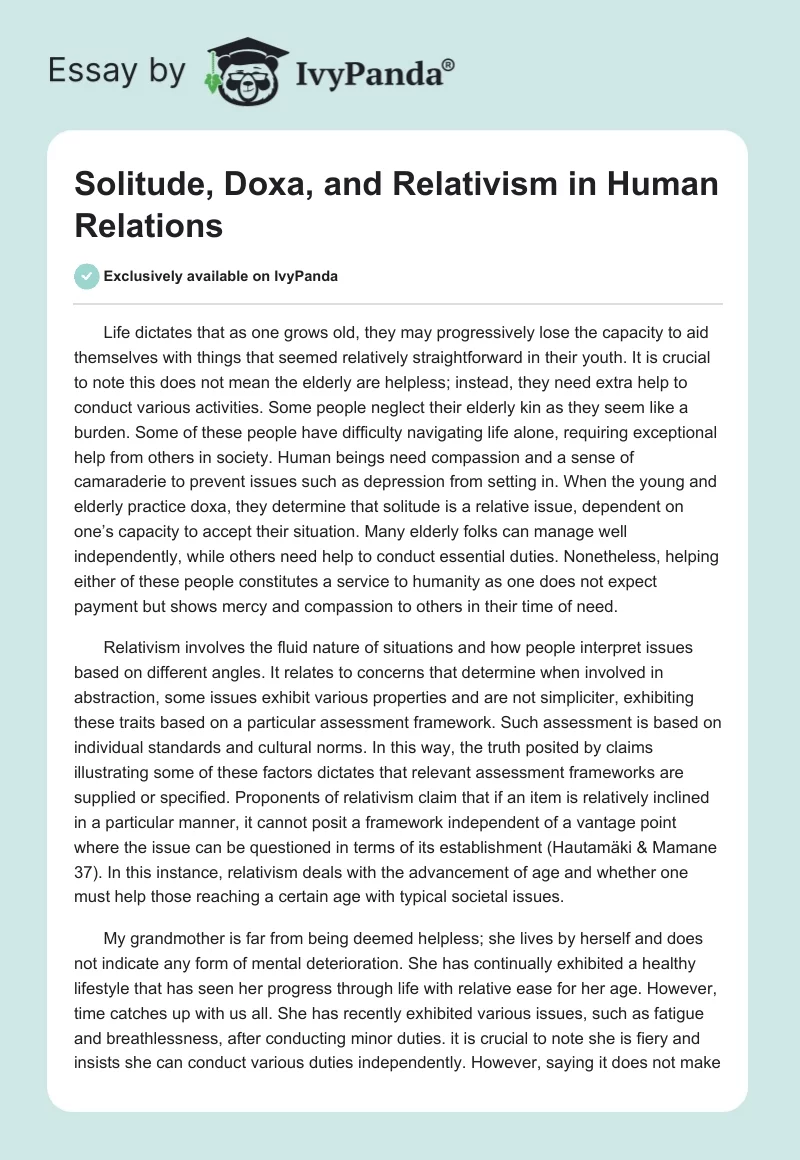 Solitude, Doxa, and Relativism in Human Relations. Page 1