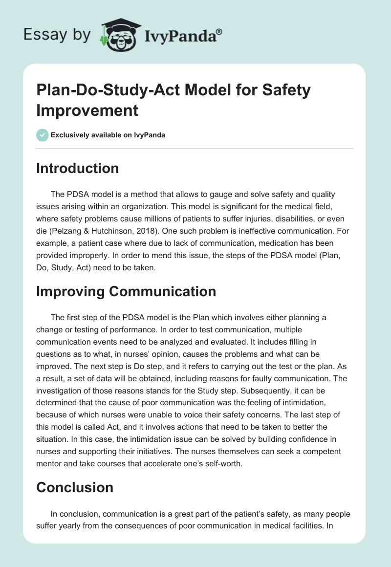 Plan-Do-Study-Act Model for Safety Improvement. Page 1