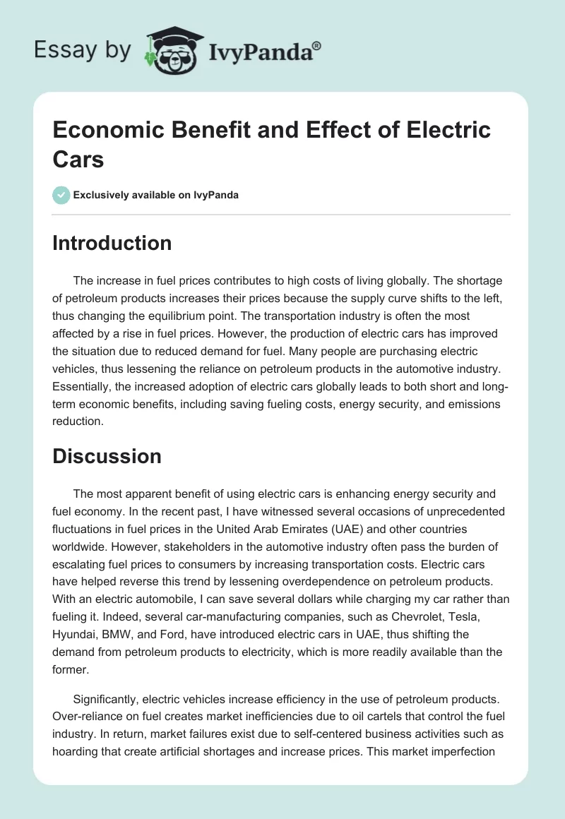 Economic Benefit and Effect of Electric Cars. Page 1