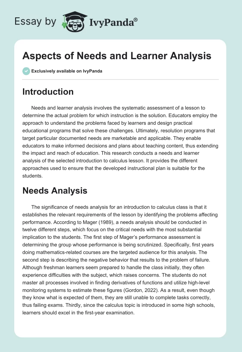 Aspects of Needs and Learner Analysis. Page 1
