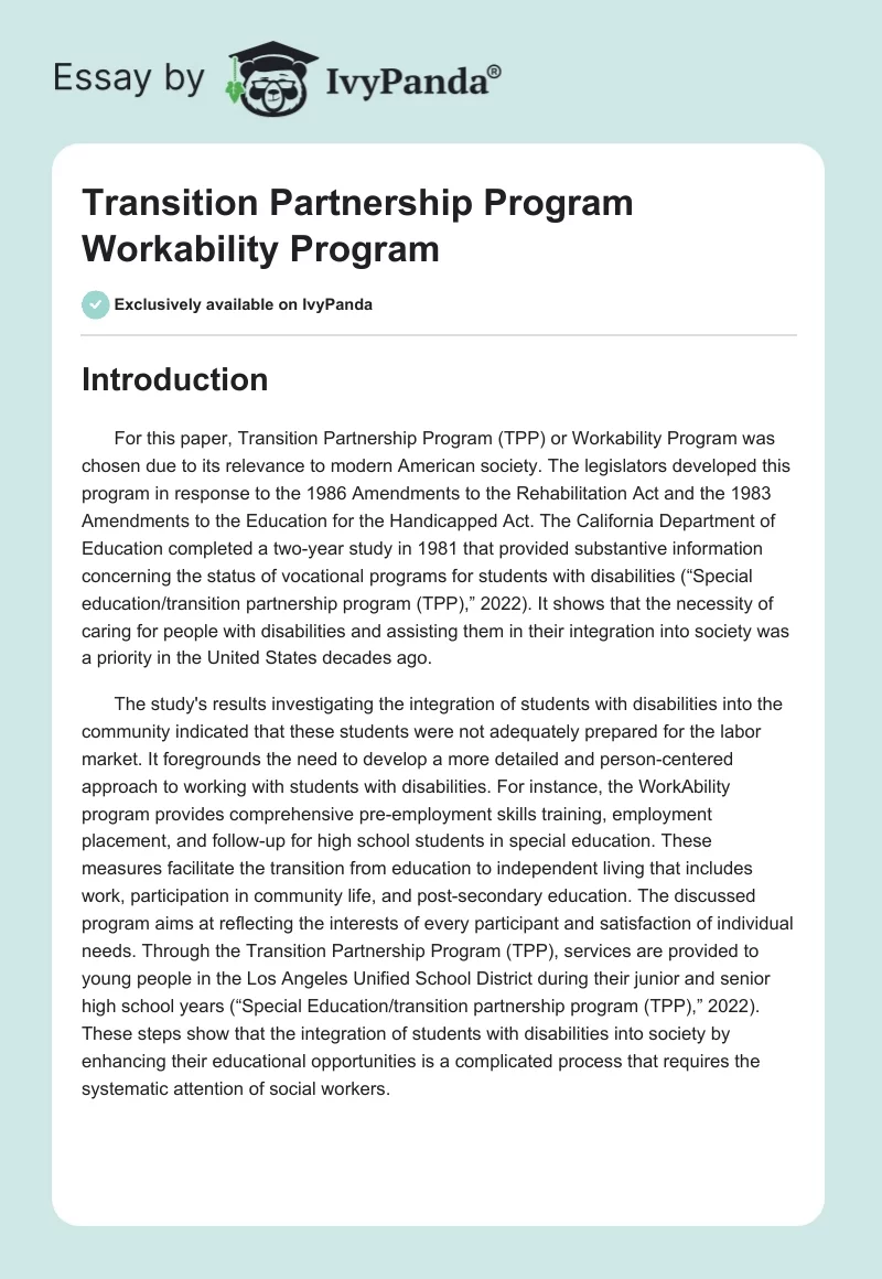 Transition Partnership Program Workability Program. Page 1