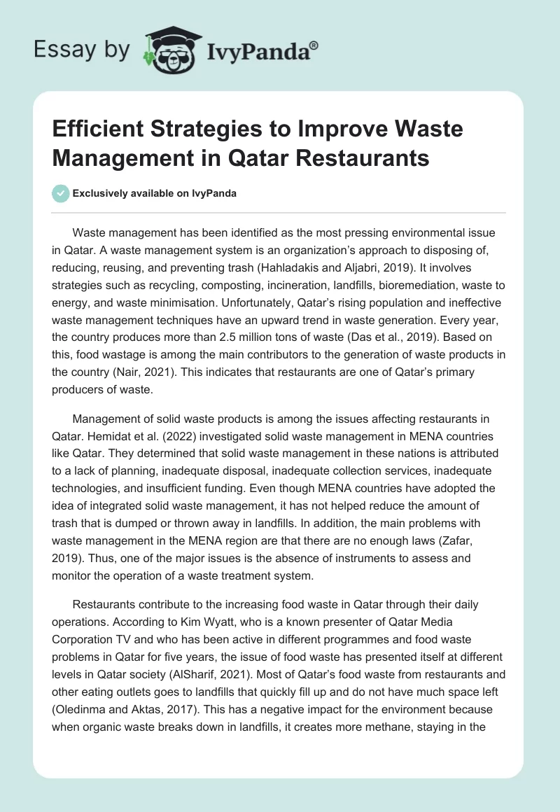 Efficient Strategies to Improve Waste Management in Qatar Restaurants. Page 1