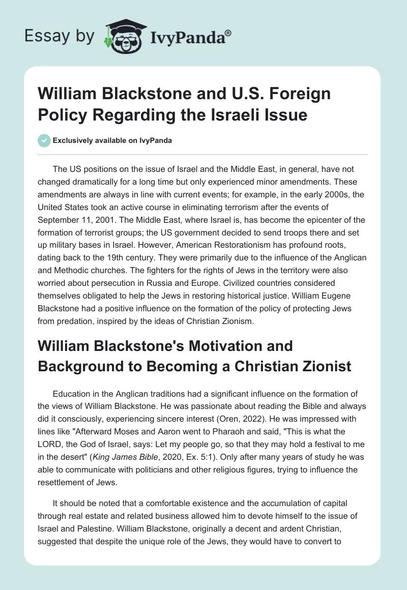 William Blackstone and U.S. Foreign Policy Regarding the Israeli Issue. Page 1