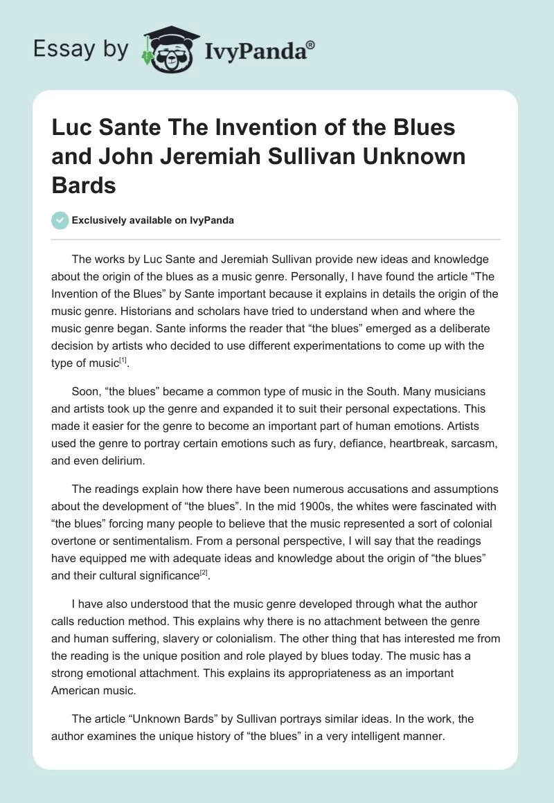 Luc Sante "The Invention of the Blues" and John Jeremiah Sullivan "Unknown Bards". Page 1