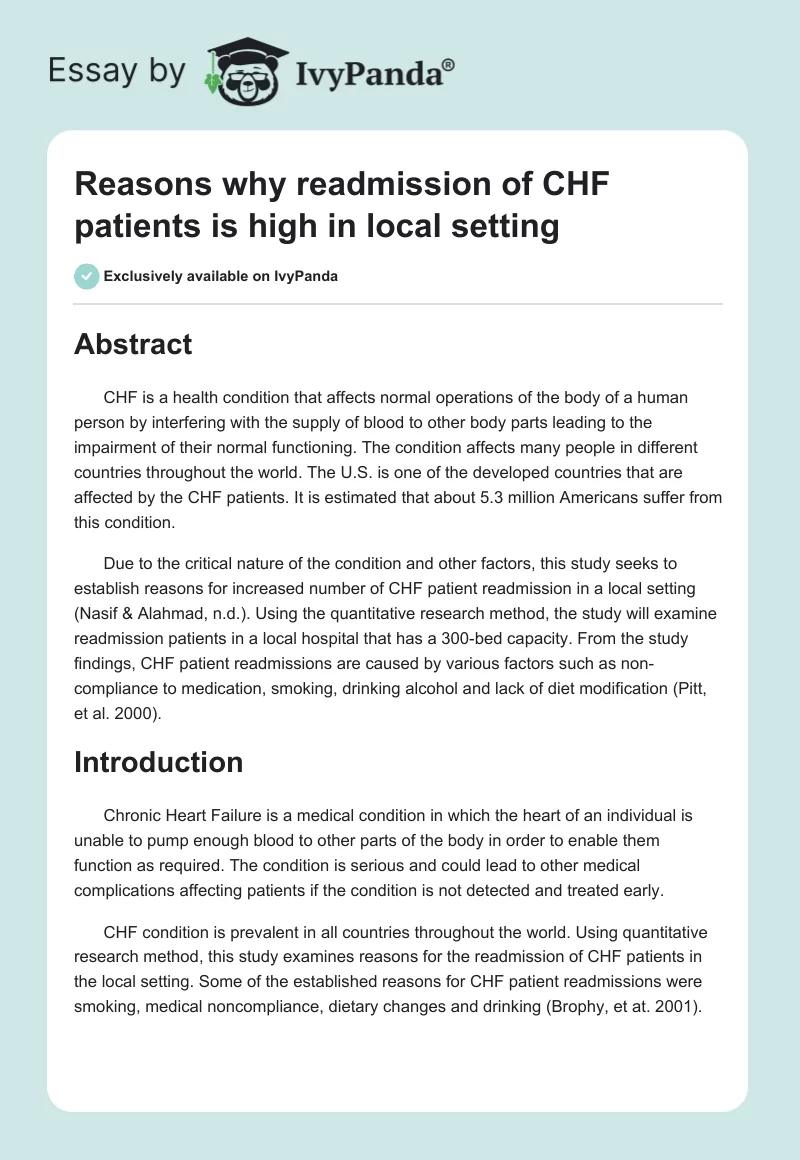 Reasons why readmission of CHF patients is high in local setting. Page 1
