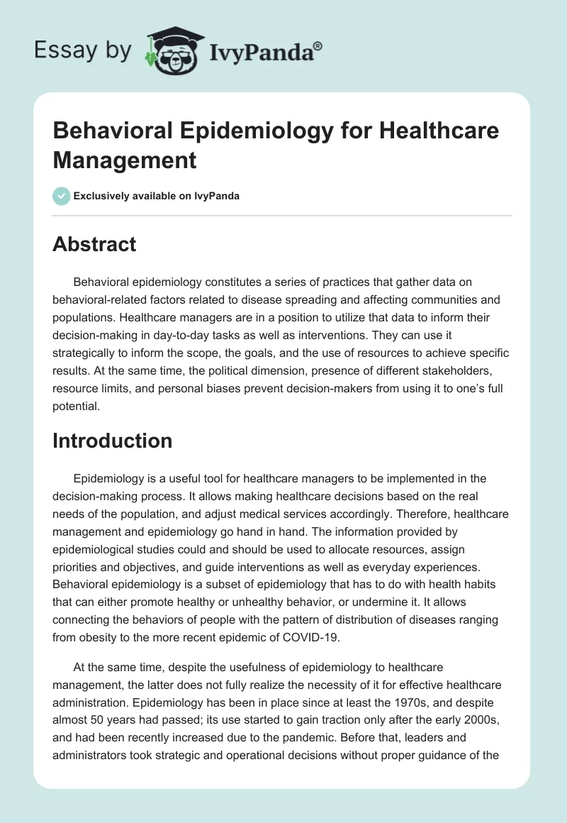 Behavioral Epidemiology for Healthcare Management. Page 1