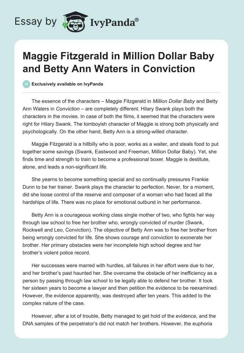 Maggie Fitzgerald in Million Dollar Baby and Betty Ann Waters in Conviction. Page 1