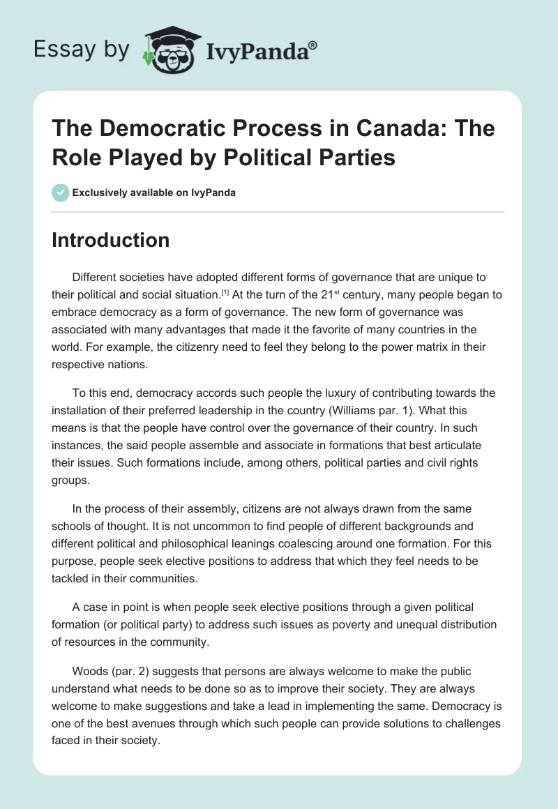 The Democratic Process in Canada: The Role Played by Political Parties. Page 1