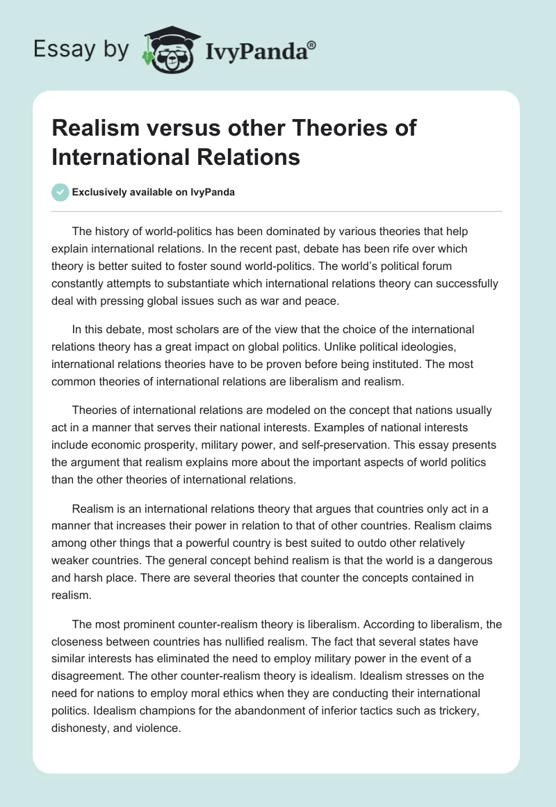 Realism versus other Theories of International Relations. Page 1