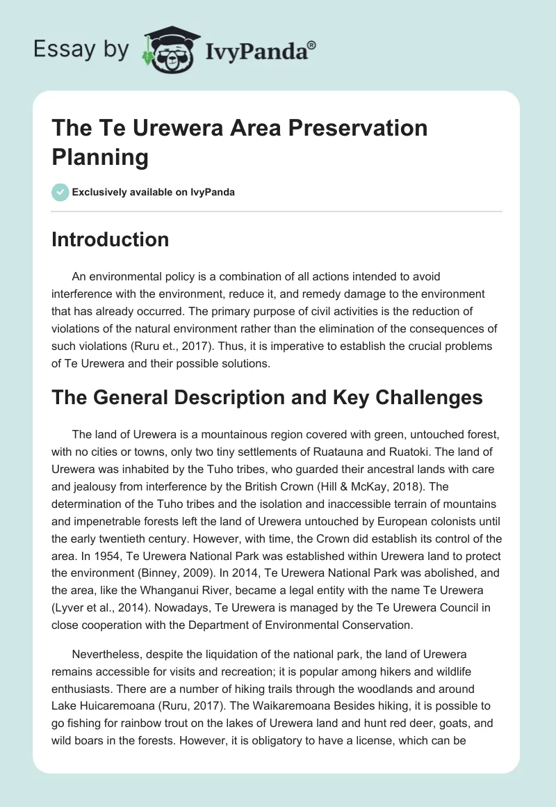 The Te Urewera Area Preservation Planning. Page 1