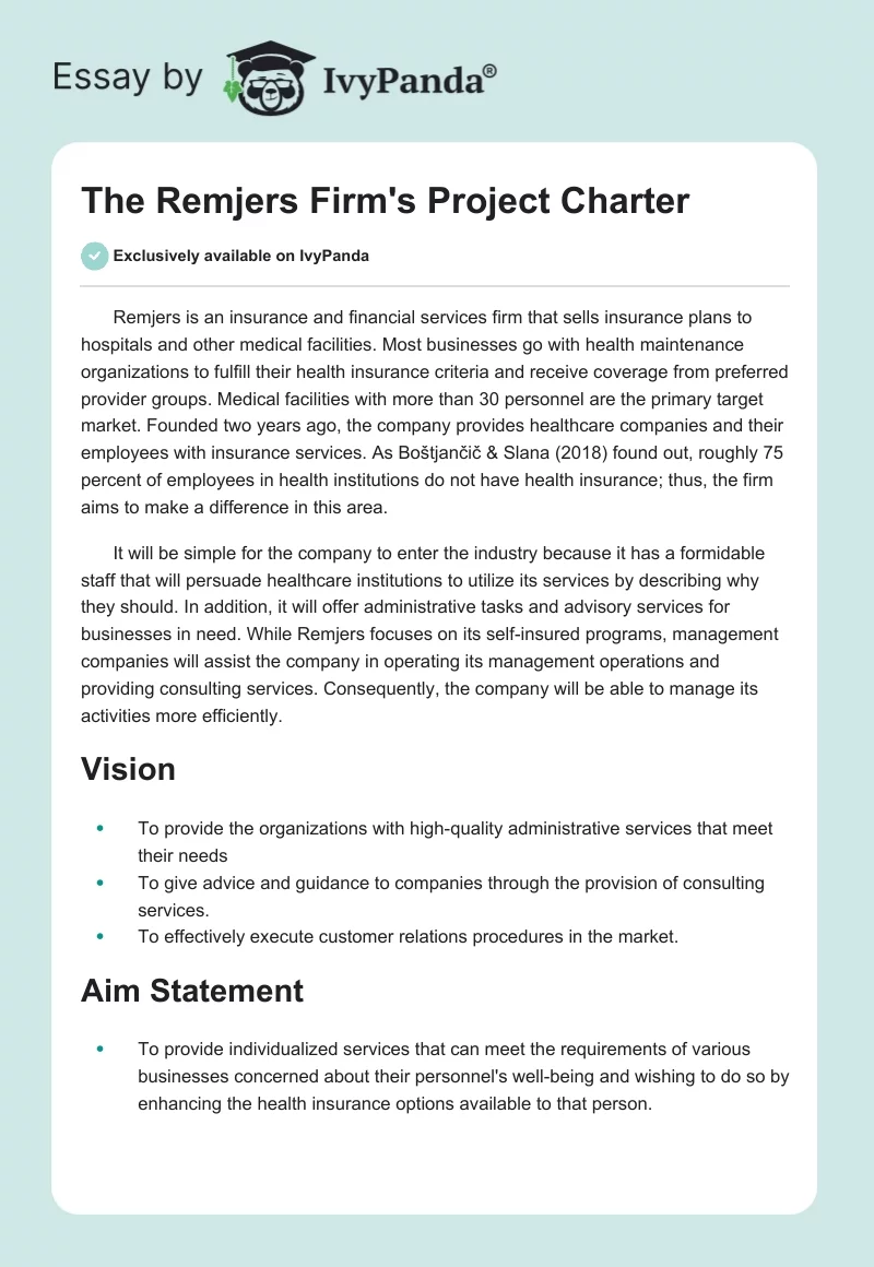 The Remjers Firm's Project Charter. Page 1