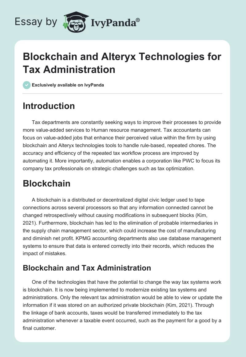 Blockchain and Alteryx Technologies for Tax Administration. Page 1