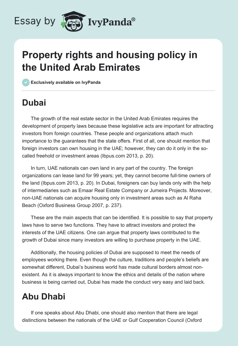 Property rights and housing policy in the United Arab Emirates. Page 1