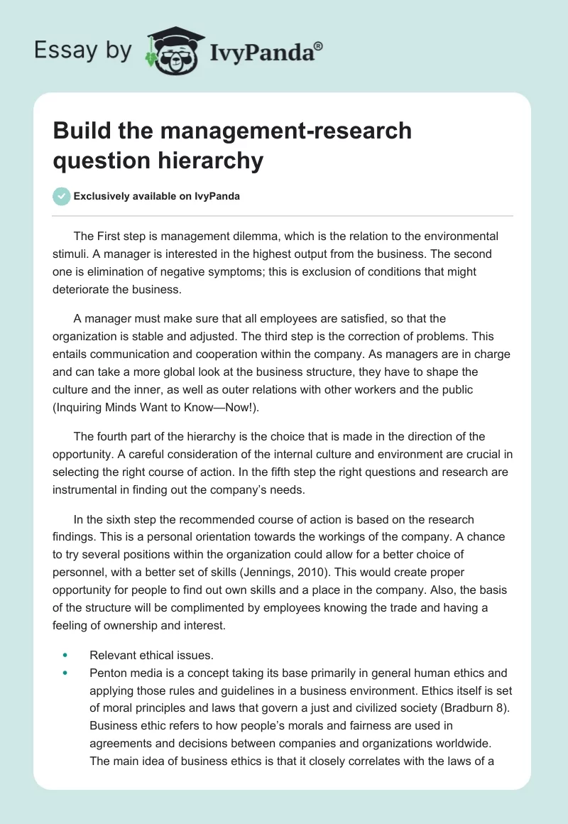 Build the management-research question hierarchy. Page 1